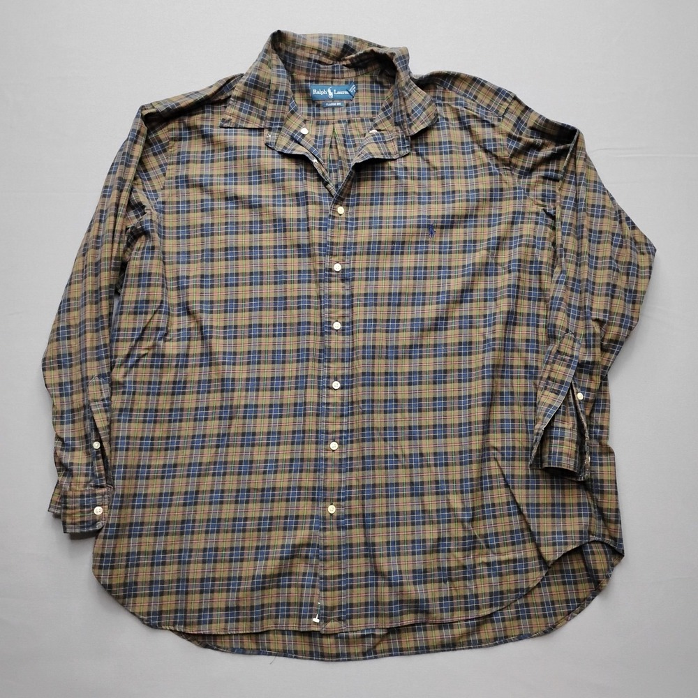 Ralph Lauren Classic Fit Plaid Button Down Shirt Mens 3XB Brown Blue Green